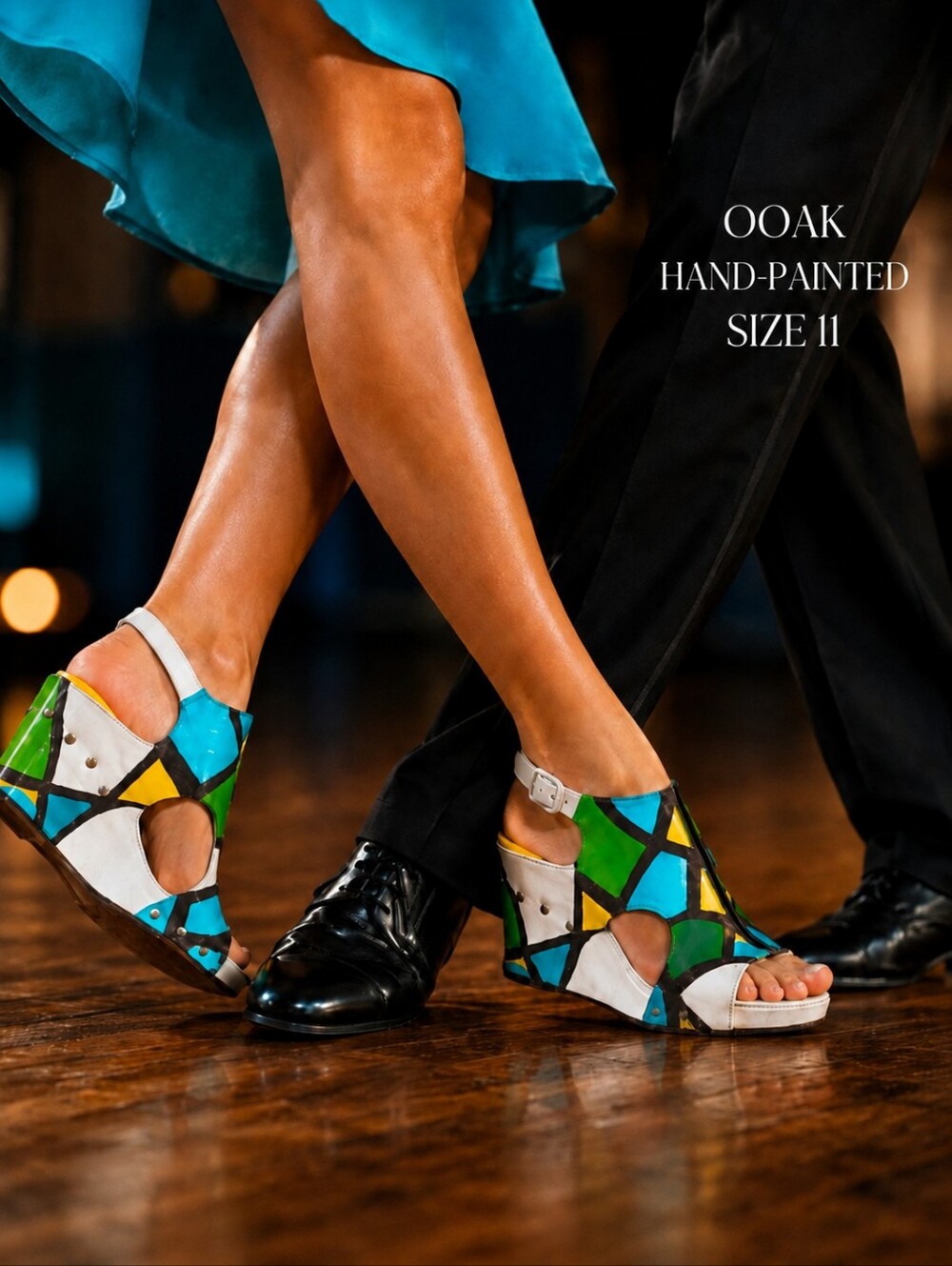 Corkys Leather Colorblock Wedge Sandals Geometric Platform Handpainted OOAK NWOT